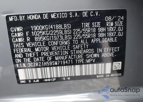 2025 Honda Hr-V 2Wd Sport из США, поврежденный, VIN 3CZRZ1H59SM719471